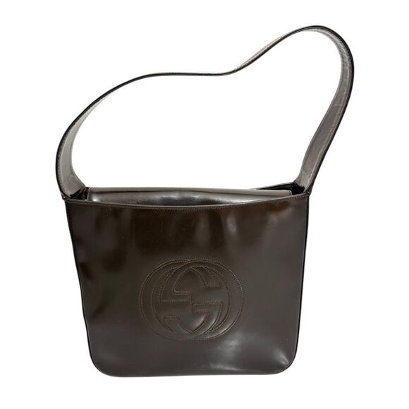 Vintage Gucci Authentic Women's Brown Patent Leather Embossed Logo Shoulder Bag - Picture 11 of 12